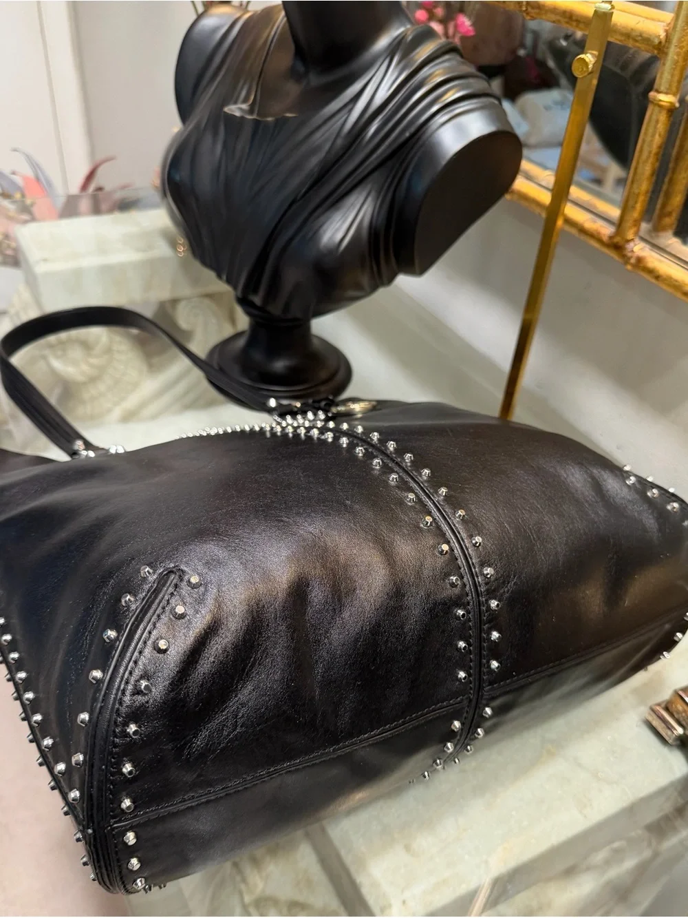 Michael Kors Black Leather Studded Chic Top Handle Tote NWOT